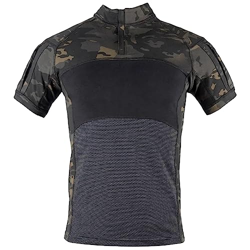 QIYUANT Herren Tactical Kurzarm Hemd, Slim Fit Kurzarm Revers Knopf Camo Combat T Shirt mit Reißverschluss Atmungsaktiv Airsoft Jagd Wald (Schwarz CP, S) von QIYUANT
