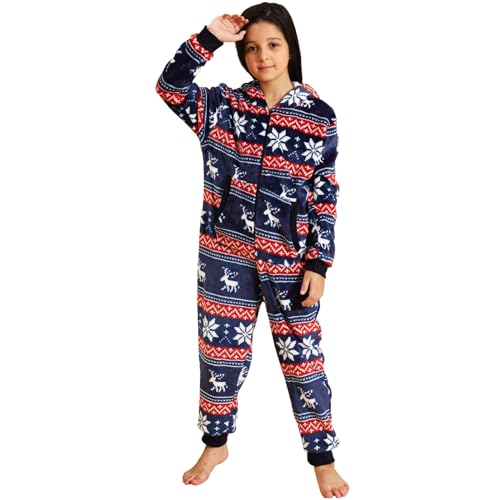 QIYUANT Kinder Jumpsuit Onesie Weihnachten Flanell Fleece Overall Pyjama Langarm Hoodies Schlafanzug Einteiler Winter Thermo Homewear Strampelanzug Schlafoverall (Marineblauer Hirsch, 100) von QIYUANT