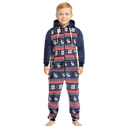 QIYUANT Kinder Jumpsuit Onesie Weihnachten Fleece Overall Pyjama Langarm Hoodies Schlafanzug Einteiler Strampelanzug Schlafoverall Nachtwäsche 3-7 Jahre Junge Mädchen (Marineblaues Rentier, 130) von QIYUANT