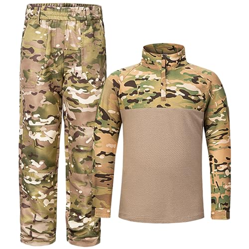 QIYUANT Kinder Outdoor T-Shirt Militärhose Sets Taktisch Sommer Airsoft Militär Camouflage Kampf Jagd Wandern Camping für Junge Mädchen Herren Damen (CP/Hemd + Hose, 160) von QIYUANT