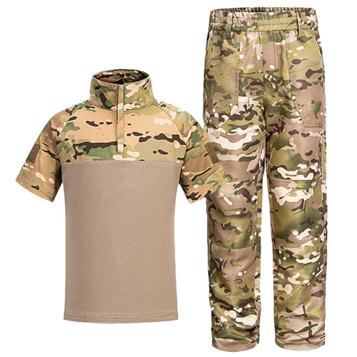 QIYUANT Kinder Outdoor T-Shirt Militärhose Sets Taktisch Sommer Airsoft Militär Camouflage Kampf Jagd Wandern Camping für Junge Mädchen Herren Damen (CP/T-Shirt + Hose, 170) von QIYUANT