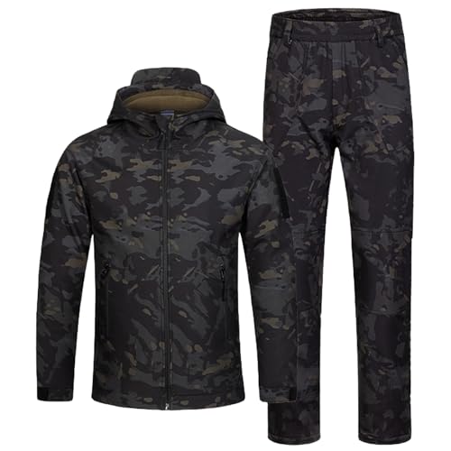 QIYUANT Kinder Outdoor Taktische Bekleidung Camo Softshell Jacke & Hose Sets Fleece Gefüttert Airsoft Militär Camouflage Winter Kampf Jagd Wandern Camping (Schwarz CP/Jacke + Hose, 160) von QIYUANT