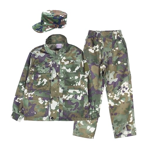 QIYUANT Kinder Outdoor Taktische Kleidung Jacke und Hosen Sets Airsoft Militär Camouflage Frühling Sommer Herbst Kampf Jagd Wandern Camping (Dschungel-Tarnung/Jacke + Hose + Schirmmütze, 150) von QIYUANT