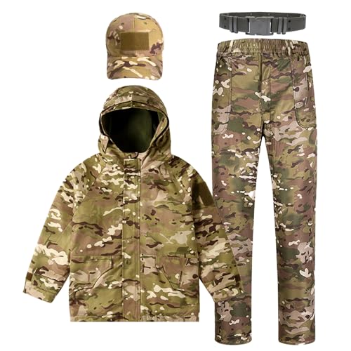 QIYUANT Kinder Outdoor Taktische Kleidung Tarnjacke & Hosen Sets Fleece Gefüttert Airsoft Militär Camouflage Winter Kampf Wandern Jagd Camping (CP/Jacke + Hose+ Schirmmütze + Gürtel, 140) von QIYUANT