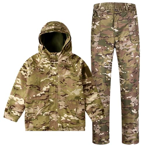 QIYUANT Kinder Outdoor Taktische Kleidung Tarnjacke & Hosen Sets Fleece Gefüttert Airsoft Militär Camouflage Winter Kampf Wandern Jagd Camping für Junge Mädchen (CP/Jacke + Hose, 140) von QIYUANT