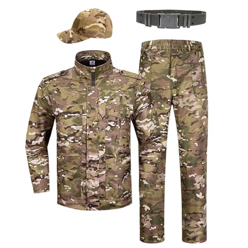 QIYUANT Kinder Outdoor Taktische Kleidung Tarnjacke & Hosen Sets Stehkragen Fleece Gefüttert Airsoft Militär Camouflage Winter für Junge Mädchen (CP/Jacke + Hose + Schirmmütze + Gürtel, 140) von QIYUANT