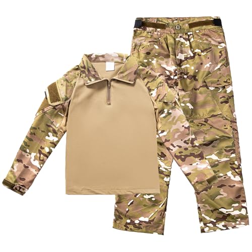 QIYUANT Kinder T-Shirt Militärhose Sets Taktisch Airsoft Militär Camouflage Frühling Sommer Herbst Kampf Jagd Wandern Camping Outdoor für Junge Mädchen Herren Damen (CP/Hemd + Hose, 170) von QIYUANT