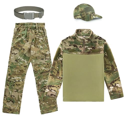 QIYUANT Kinder T-Shirt Militärhose Sets Taktisch Airsoft Militär Camouflage Frühling Sommer Herbst Kampf Outdoor Jagd Wandern Camping (CP/T-Shirt + Hose + Schirmmütze + Gürtel, 120) von QIYUANT