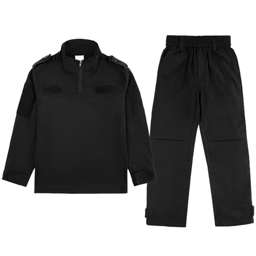 QIYUANT Kinder T-Shirt Militärhose Sets Taktisch Airsoft Militär Camouflage Frühling Sommer Herbst Kampf Outdoor Jagd Wandern Camping für Junge Mädchen Herren Damen (Schwarz/T-Shirt + Hose, 160) von QIYUANT