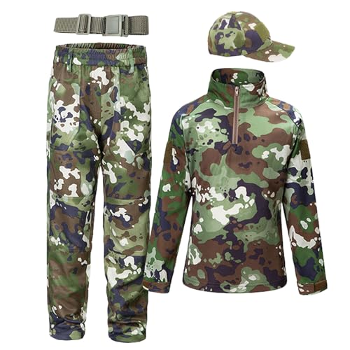 QIYUANT Kinder T-Shirt Militärhose Sets Taktisch Airsoft Militär Camouflage Frühling Sommer Herbst Lange Ärmel Kampf Jagd Wandern (Dschungel-Tarnung/T-Shirt + Hose + Schirmmütze + Gürtel, 165) von QIYUANT