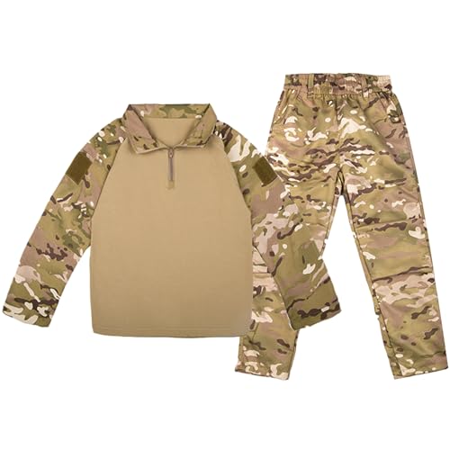 QIYUANT Kinder T-Shirt Militärhose Sets Taktisch Airsoft Militär Camouflage Frühling Sommer Herbst Lange Ärmel Kampf Jagd Wandern Camping Outdoor (CP/T-Shirt + Hose, 150) von QIYUANT