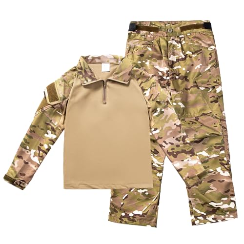 QIYUANT Kinder T-Shirt Militärhose Sets Taktisch Airsoft Militär Camouflage Frühling Sommer Herbst Lange Ärmel Kampf Jagd Wandern Camping Outdoor (CP/T-Shirt + Hose + Schirmmütze, 120) von QIYUANT