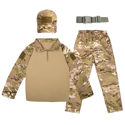 QIYUANT Kinder T-Shirt Militärhose Sets Taktisch Airsoft Militär Camouflage Frühling Sommer Herbst Lange Ärmel Kampf Jagd Wandern Camping Outdoor (CP/T-Shirt + Hose + Schirmmütze + Gürtel, 150) von QIYUANT