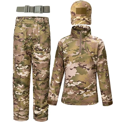 QIYUANT Kinder T-Shirt Militärhose Sets Taktisch Airsoft Militär Camouflage Frühling Sommer Herbst Lange Ärmel Kampf Jagd Wandern Camping Outdoor (CP2# / T-Shirt + Hose + Schirmmütze + Gürtel, 150) von QIYUANT