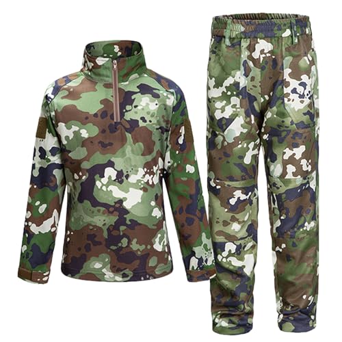 QIYUANT Kinder T-Shirt Militärhose Sets Taktisch Airsoft Militär Camouflage Frühling Sommer Herbst Lange Ärmel Kampf Jagd Wandern Camping Outdoor (Dschungel-Tarnung/T-Shirt + Hose, 160) von QIYUANT