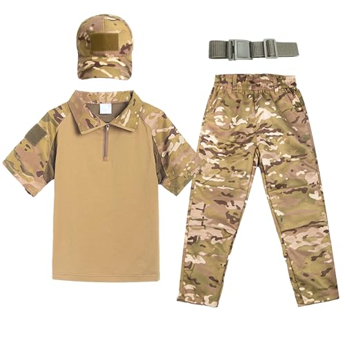 QIYUANT Kinder T-Shirt Militärhose Sets Taktisch Sommer Airsoft Militär Camouflage Kurzarm Kampf Jagd Wandern Camping Outdoor (CP/T-Shirt + Hose + Schirmmütze + Gürtel, 130) von QIYUANT