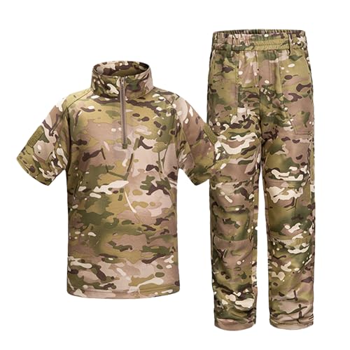 QIYUANT Kinder T-Shirt Militärhose Sets Taktisch Sommer Airsoft Militär Camouflage Kurzarm Kampf Jagd Wandern Camping Outdoor (CP2# / T-Shirt + Hose + Schirmmütze, 150) von QIYUANT