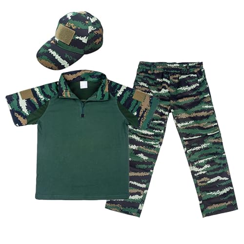 QIYUANT Kinder T-Shirt Militärhose Sets Taktisch Sommer Airsoft Militär Camouflage Kurzarm Kampf Jagd Wandern Camping Outdoor (Dschungel Digital/T-Shirt + Hose + Schirmmütze, 150) von QIYUANT