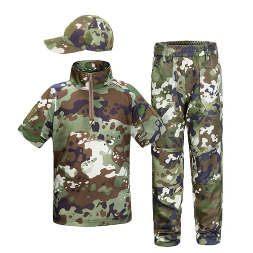 QIYUANT Kinder T-Shirt Militärhose Sets Taktisch Sommer Airsoft Militär Camouflage Kurzarm Kampf Jagd Wandern Camping Outdoor (Dschungel-Tarnung/T-Shirt + Hose + Schirmmütze, 165) von QIYUANT