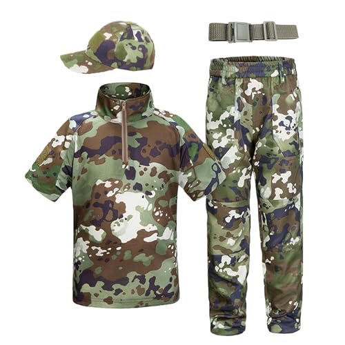 QIYUANT Kinder T-Shirt Militärhose Sets Taktisch Sommer Airsoft Militär Camouflage Kurzarm Kampf Jagd Wandern Camping Outdoor (Dschungel-Tarnung/T-Shirt + Hose + Schirmmütze + Gürtel, 150) von QIYUANT