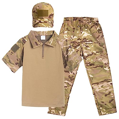 QIYUANT Kinder T-Shirt Militärhose Sets Tarnung Airsoft Taktisch Militär Sommer Kurzarm Camo Armee Top + Hose Outdoor Camping Uniform Junge Mädchen Herren Damen (T-Shirt + Hose + Schirmmütze, 140) von QIYUANT