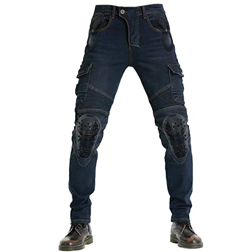 QIYUANT Motorradhose Herren Damen Wasserabweisend Motorrad Reiten Schutzhose Denim Jeans Stretch Jeanshose mit Abnehmbar Verbesserter Rüstung Knie-Hüftpolster (Blau, L) von QIYUANT