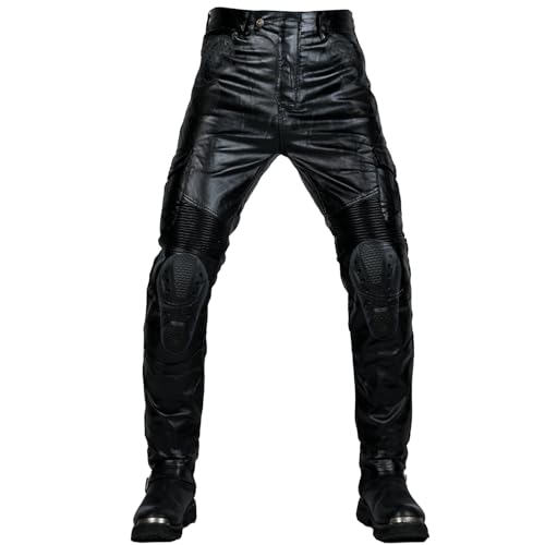QIYUANT Motorradhose Herren Motorrad Jeans PU Lederhose Reiten Schutzhose Cargohose Wasser Widerstand Winddicht Stretch Casual Damen Jeanshose Verbesserter Rüstung Protektoren (Schwarz, L) von QIYUANT