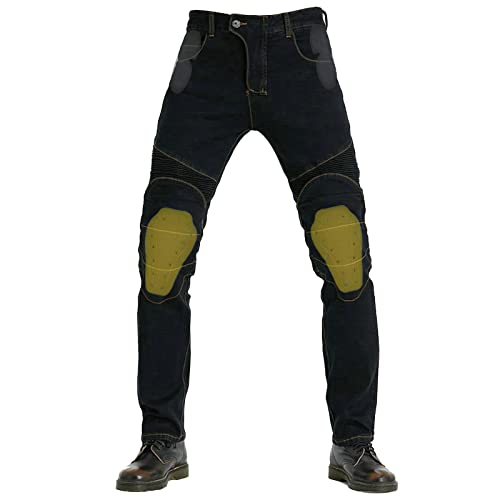 QIYUANT Motorradhose Herren Motorrad Jeans Reiten Schutzhose Denim Reißfester Stretch Vintage Jeanshose mit Abnehmbar Rüstung Knie-Hüftpolster (Schwarz, 5XL) von QIYUANT