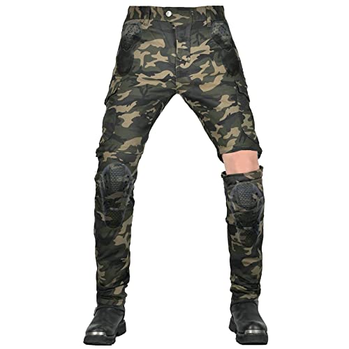 QIYUANT Motorradhose Zip Off Herren Motorrad Jeans Reiten Schutzhose Denim Reißfester Stretch Jeanshose Wanderhose Abnehmbar mit Abnehmbar Verbesserter Rüstung Knie-Hüftpolster (Camouflage, XS) von QIYUANT