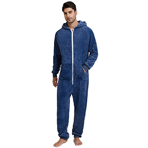 QIYUANT Pyjamas Onesie Herren Flauschig Kuschelig Fleece Einteiler Schlafanzug Reißverschluss Herbst Frühling Winter Warm Jumpsuit Hausanzug mit Taschen (Blau XL) von QIYUANT