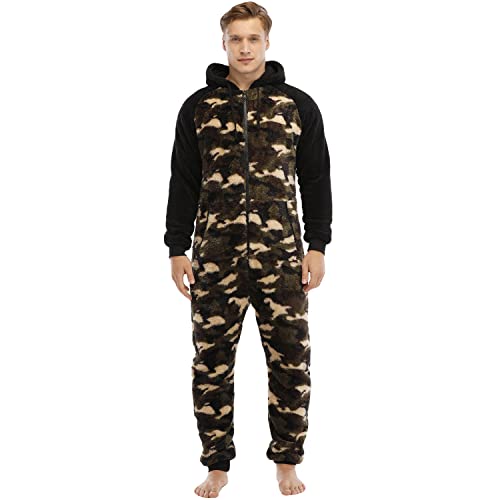 QIYUANT Pyjamas Onesie Herren Flauschig Kuschelig Fleece Einteiler Schlafanzug Reißverschluss Herbst Frühling Winter Warm Jumpsuit Hausanzug mit Taschen (Camouflage Grün L) von QIYUANT