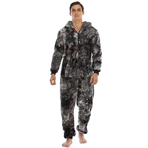 QIYUANT Pyjamas Onesie Herren Flauschig Kuschelig Fleece Einteiler Schlafanzug Reißverschluss Herbst Frühling Winter Warm Jumpsuit Hausanzug mit Taschen (Schwarz Grau XXL) von QIYUANT