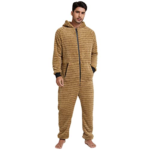 QIYUANT Pyjamas Onesie Herren Flauschig Kuschelig Fleece Einteiler Schlafanzug Reißverschluss Herbst Frühling Winter Warm Jumpsuit Hausanzug mit Taschen (Dunkelgelb XL) von QIYUANT