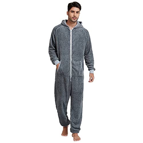 QIYUANT Pyjamas Onesie Herren Flauschig Kuschelig Fleece Einteiler Schlafanzug Reißverschluss Herbst Frühling Winter Warm Jumpsuit Hausanzug mit Taschen (Grau XL) von QIYUANT