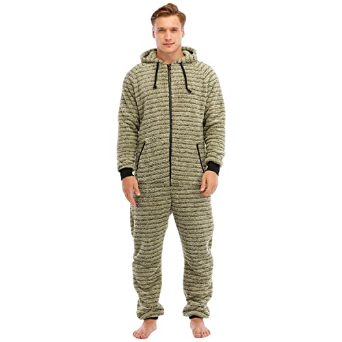 QIYUANT Pyjamas Onesie Herren Flauschig Kuschelig Fleece Einteiler Schlafanzug Reißverschluss Herbst Frühling Winter Warm Jumpsuit Hausanzug mit Taschen (Hellgelb L) von QIYUANT