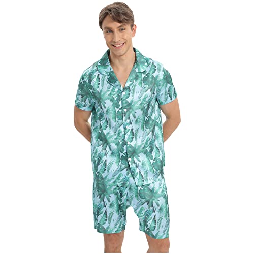 QIYUANT Satin Schlafanzug Herren Kurz Pyjama Set mit Shorts Zweiteiliger Kurzarm Shirt Kurze Hose Sommer Zuhause Nachtwäsche (Grün, Kokosnussbaum, M) von QIYUANT