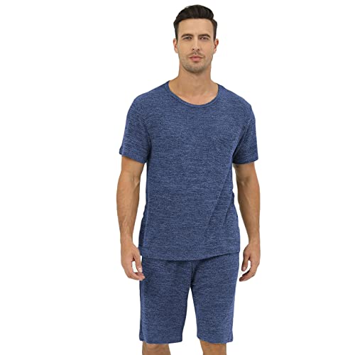 QIYUANT Schlafanzug Kurz Herren Sommer Zweiteiliger Nachtwäsche Shorts Pyjama Set Kurzarm Hausanzug Freizeitanzug mit Elastischem Bund und Taschen (Blau M) von QIYUANT