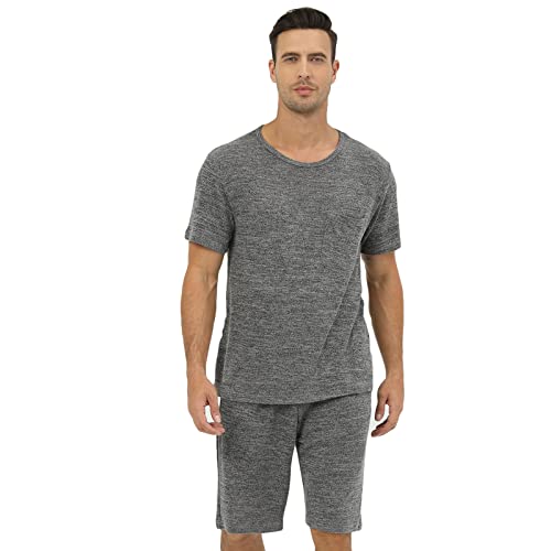 QIYUANT Schlafanzug Kurz Herren Sommer Zweiteiliger Nachtwäsche Shorts Pyjama Set Kurzarm Hausanzug Freizeitanzug mit Elastischem Bund und Taschen (Grau M) von QIYUANT