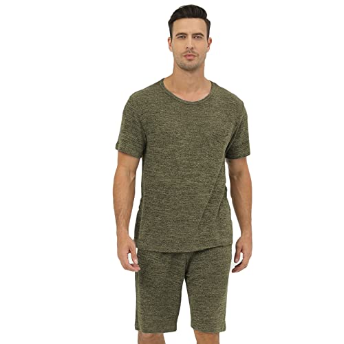 QIYUANT Schlafanzug Kurz Herren Sommer Zweiteiliger Nachtwäsche Shorts Pyjama Set Kurzarm Hausanzug Freizeitanzug mit Elastischem Bund und Taschen (Grün M) von QIYUANT