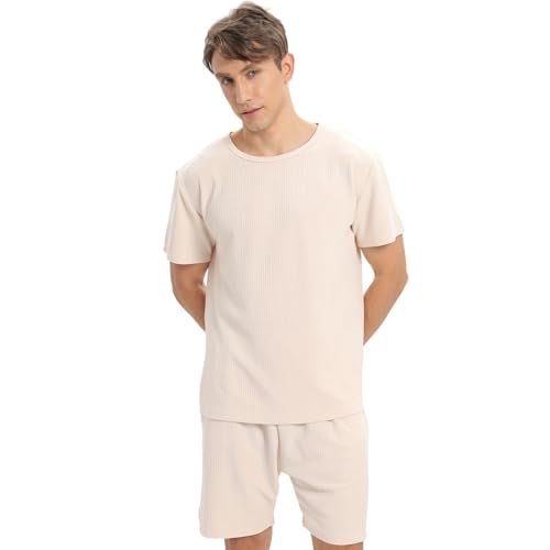QIYUANT Schlafanzug Kurz Herren Sommer Zweiteiliger Nachtwäsche Shorts Pyjama Set Kurzarm Hausanzug Freizeitanzug mit Elastischem Bund und Taschen (Streifenform/Gelb L) von QIYUANT