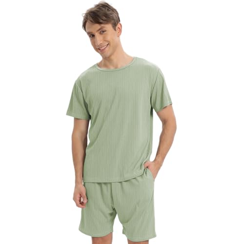 QIYUANT Schlafanzug Kurz Herren Sommer Zweiteiliger Nachtwäsche Shorts Pyjama Set Kurzarm Hausanzug Freizeitanzug mit Elastischem Bund und Taschen (Streifenform/Grün M) von QIYUANT