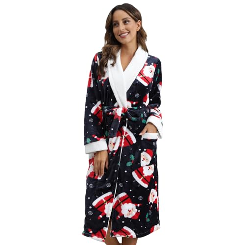QIYUANT Weihnachten Bademantel Damen Winter Flanell Fleece Flauschig Morgenmantel Saunamantel Warm Weich Langarm Schlafanzug Hausmantel Nachtwäsche (Damen Blauer Weihnachtsmann, L) von QIYUANT
