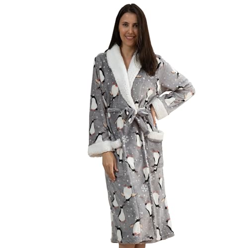 QIYUANT Weihnachten Bademantel Damen Winter Flanell Fleece Flauschig Morgenmantel Saunamantel Warm Weich Langarm Schlafanzug Hausmantel Nachtwäsche (Damen Grauer Pinguin, XXL) von QIYUANT