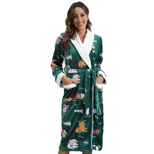 QIYUANT Weihnachten Bademantel Damen Winter Flanell Fleece Flauschig Morgenmantel Saunamantel Warm Weich Langarm Schlafanzug Hausmantel Nachtwäsche (Damen Grün, M) von QIYUANT