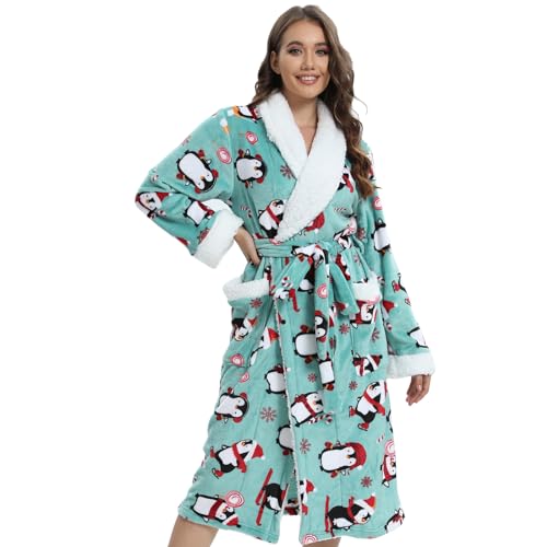 QIYUANT Weihnachten Bademantel Damen Winter Flanell Fleece Flauschig Morgenmantel Saunamantel Warm Weich Langarm Schlafanzug Hausmantel Nachtwäsche (Damen Grüner Pinguin, XXL) von QIYUANT