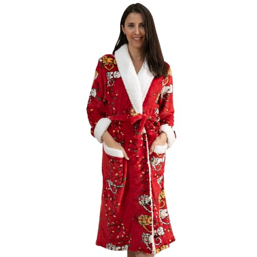 QIYUANT Weihnachten Bademantel Damen Winter Flanell Fleece Flauschig Morgenmantel Saunamantel Warm Weich Langarm Schlafanzug Hausmantel Nachtwäsche (Damen Rot, XL) von QIYUANT