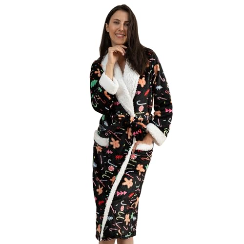 QIYUANT Weihnachten Bademantel Damen Winter Flanell Fleece Flauschig Morgenmantel Saunamantel Warm Weich Langarm Schlafanzug Hausmantel Nachtwäsche (Damen Schwarze Zuckerstange, M) von QIYUANT