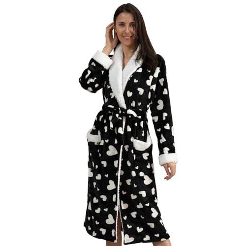 QIYUANT Weihnachten Bademantel Damen Winter Flanell Fleece Flauschig Morgenmantel Saunamantel Warm Weich Langarm Schlafanzug Hausmantel Nachtwäsche (Damen Schwarzes Herz, L) von QIYUANT
