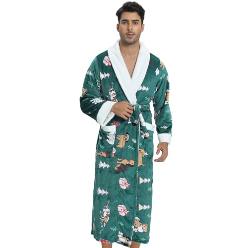 QIYUANT Weihnachten Bademantel Herren Winter Flanell Fleece Flauschig Morgenmantel Saunamantel Warm Weich Langarm Schlafanzug Hausmantel Nachtwäsche (Herren Grün, M) von QIYUANT