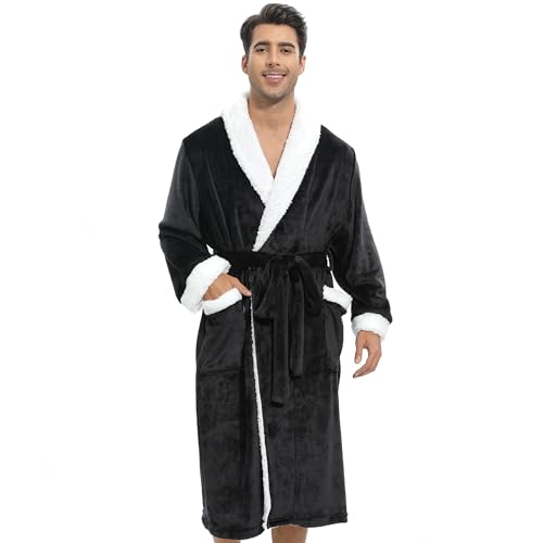QIYUANT Weihnachten Bademantel Herren Winter Flanell Fleece Flauschig Morgenmantel Saunamantel Warm Weich Langarm Schlafanzug Hausmantel Nachtwäsche (Herren Schwarz, M) von QIYUANT
